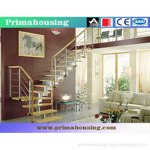 Solid Wood Glass Straight Staircase with Iron Railing